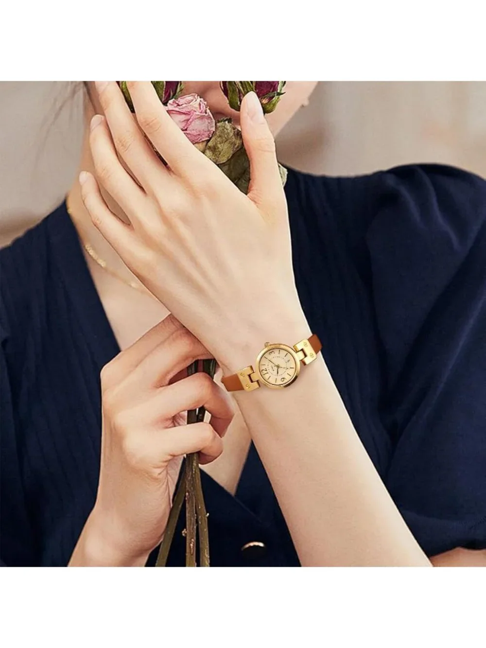Women's Golden Brown Elegant Dial with Leather Strap Minimalist Wrist Watch